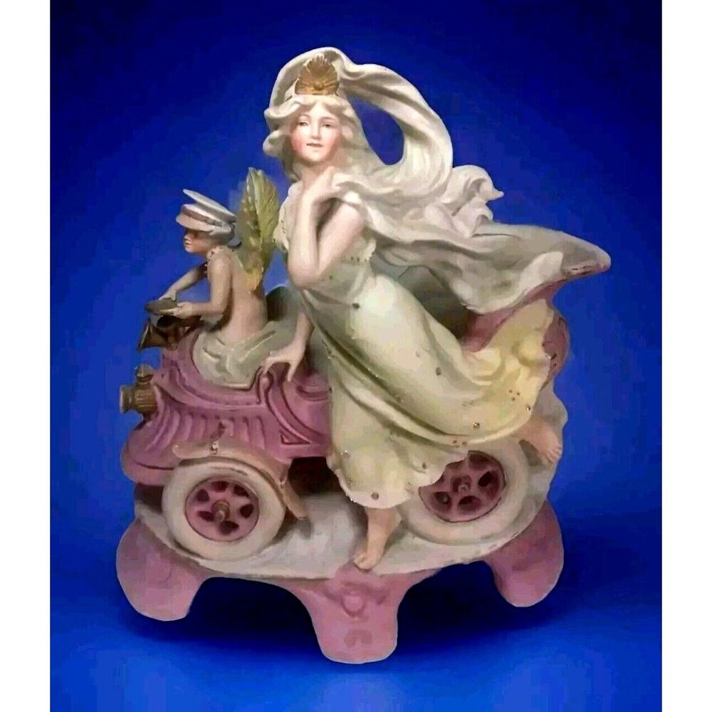 Antique  c1900 Cherub Angel Chauffeur Driving Woman Goddess Vintage Car Figurine